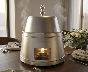 หม้ออุ่นอาหารเคลือบเงาสีเงินสุดฮิต พร้อมที่ใส่เทียนสำหรับงานเลี้ยงอาหารค่ำที่บ้าน ใช้สำหรับงานเลี้ยงอาหารค่ำที่บ้าน หม้อโลหะ - Product Image 1