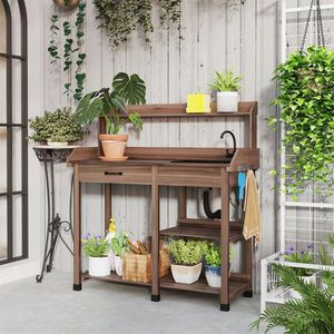 Brown Outdoor Garden <b>Potting</b> <b>Bench</b> Table with Removable Sink and Faucet Functional Storage Option - Product Image 2