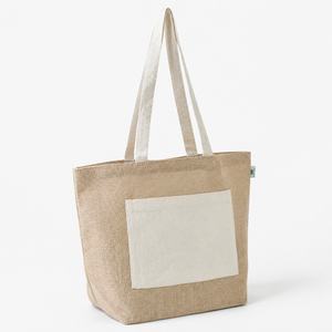 Bolsa de Compras de Yute Natural con Bolsillo Frontal de Algodón, Logotipo Personalizado, Reutilizable, Promocional, Venta al por Mayor, OEM, Marca Privada - Product Image 3