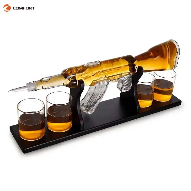 Venta caliente Ak47 Whisky Wine Transparent Gun forma Glass Decanter Set con vaso para beber