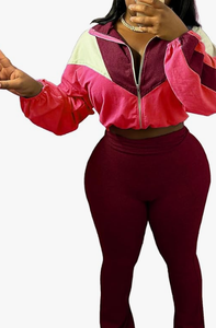 Womens Pink Color Block 2 Piece Sporty Tracksuit <b>Set</b> Full Sleeve Zipper Crop Top With High Waist Leggings Spring Summer Wear - Product Image 5