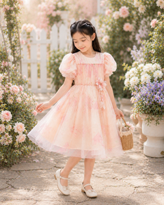 Robe de fête en tulle à imprimé floral pour filles avec manches bouffantes |   Robe élégante pour occasions spéciales - Product Image 4