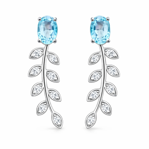 Boucles d'oreilles pendantes tendance pour femme en argent sterling fin plaqué rhodium, avec topaze bleue et zircon cubique en forme de feuille, pour anniversaire et fiançailles - Product Image 1
