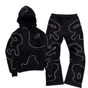Unisex Black Hooded <b>Tracksuit</b> Set With White Abstract <b>Stitch</b> Pattern Casual Streetwear Full Length Rhinestone <b>Tracksuit</b> - Product Image 1