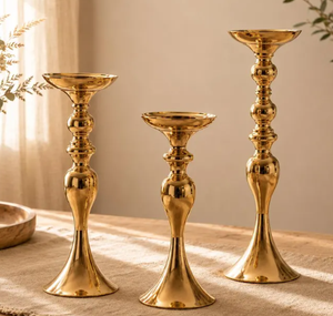 Wholesale <b>Set</b> of 3 Luxury Polished Gold Metal Pillar <b>Candle</b> Holders Modern Tall Brass Finish Candlestick Pedestal Stands for - Product Image 2