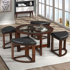 Cylina <b>Solid</b> <b>Wood</b> Round <b>Table</b> Set with 4 Stools Coffee <b>Table</b> and Living Room Furniture Glass <b>Top</b> Elegant Design - Product Image 1