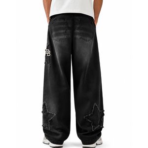 Jean baggy noir délavé surdimensionné pour homme, coupe large, en denim déchiré avec patch brodé blanc, style streetwear - Product Image 2