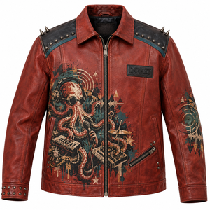 Red Mens Leather Coach Jacket Octopus DJ Graphic <b>Studded</b> Spiked Biker Coat Lapel Custom OEM ODM Factory Wholesale Manufacturer - Product Image 1