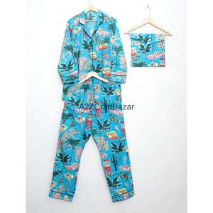 Conjunto de Pijama de Algodón Hecho a Mano para Mujer, Estilo Indio, Largo, de Verano, con Mangas Largas, Cierre con Cordón, Estampado Floral, Transpirable, Tejido - Product Image 3