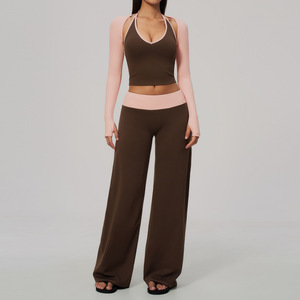 Women's <b>Brown</b> Two-Piece Set Halter Crop <b>Top</b> With Full <b>Sleeve</b> <b>Long</b> Pants Solid Color Knitted Spandex Nylon Loose Fit All Seasons - Product Image 1