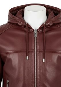 Men's Burgundy Hooded Leather <b>Jacket</b> Moto Biker Style Zipper Front Windproof Regular Fit Autumn Wear - Product Image 4