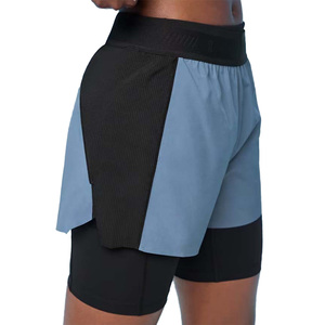 Shorts de course taille haute pour femme, bleu et noir, 100 % coton, anti-boulochage, coupe classique, taille élastique avec poches, motif uni - Product Image 3