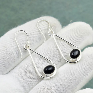 Minimalist Black Onyx <b>Earrings</b> <b>Silver</b> Plated Brass Long Drop <b>Dangle</b> <b>Earrings</b> Elegant Boho Jewelry for Women Gift - Product Image 1