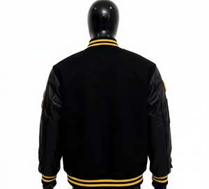 Chaqueta Varsity Negra y Amarilla, Cuerpo de Lana, Mangas de Cuero PU, Ribete a Rayas, Botones a Presión, Prenda Exterior Estilo Letterman, Fabricante Personalizado - Product Image 2