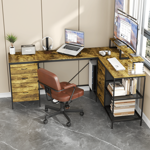 Industrial <b>Rustic</b> Brown 114\" L-Shaped Gaming <b>Desk</b> with Power Hub 6 Drawers Removable Monitor Stand for Home Office - Product Image 5