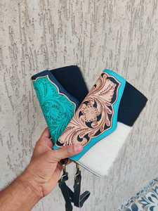 Handmade Genuine Leather Clutch <b>Wallet</b> With Embossed Floral Design Turquoise Inlay Bohemian Style Fold Closure Women's Daily Use - Product Image 2