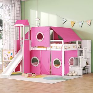 Pink Full Size Loft <b>Bed</b> <b>with</b> <b>Tent</b> and Tower for Kids' Rooms - Product Image 1