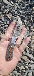 Cuchillo de caza OEM Wirecut de acero de Damasco, cuchillo Skinner con mango de resina, hoja fija para camping, cuchillo EDC para exteriores con funda de cuero - Product Image 6