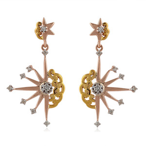 14KT Yellow Gold Celestial Star & Sun Lab Grown Brilliant Cut <b>Diamond</b> Drop <b>Earrings</b> for Women | Elegant Designer <b>Dangle</b> <b>Earrings</b> - Product Image 2