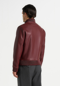 Men's Burgundy PU Leather <b>Bomber</b> <b>Jacket</b> Stand Collar Zipper Closure Casual Style Autumn Wear - Product Image 5