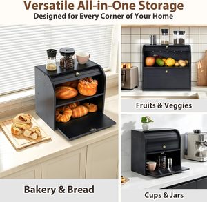 2 Tier <b>Wooden</b> <b>Bread</b> Box Roll Top <b>Bread</b> <b>Bin</b> Natural Wood Food Storage Container Organizer For Kitchen Countertop Wholesale - Product Image 5