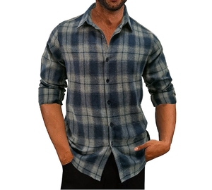 Chemise décontractée à manches longues pour homme, en flanelle à carreaux 100% coton brossé, col rabattu, boutonnée - Product Image 6