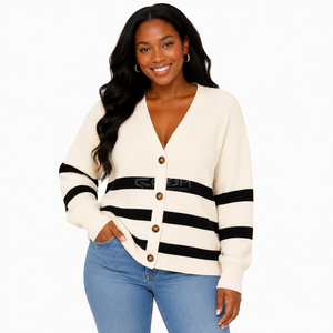Cardigan en tricot rayé noir et crème Cosh International Sisterhood Sorority, col en V, manches longues, fermeture boutonnée, haut décontracté pour l'automne - Product Image 1