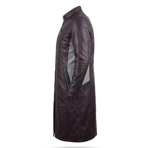 Manteau long en cuir véritable Deep Plum pour homme, avec panneau latéral gris personnalisé, fermeture éclair intégrale et col montant – Fournisseur en gros - Product Image 4