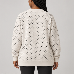 Women's Ivory Crewneck <b>Sweatshirt</b> with Black Allover Polka Dots <b>Long</b> Sleeve Custom Logo - Product Image 3