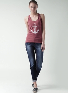 Débardeur rouge à imprimé ancre pour femme, col rond, style nautique, en jersey de coton, sans manches, tenue décontractée - Product Image 3