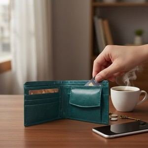 Elion Premium <b>Vegan</b> Leather Green Bi-Fold <b>Wallet</b> <b>Men</b> | Slim Stylish Minimalist Open Closure Letter Pattern 5 Inch Large Capacity - Product Image 3