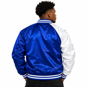 เสื้อแจ็คเก็ตวาร์ซิตี้ผ้าซาตินสีน้ำเงิน-ขาวสองสี ยี่ห้อ Phi Beta Sigma สำหรับผู้ชาย พร้อมตราสัญลักษณ์ตัวอักษรกรีกปักลาย ซิปเต็มตัว แบบริบบิ้น - Product Image 2