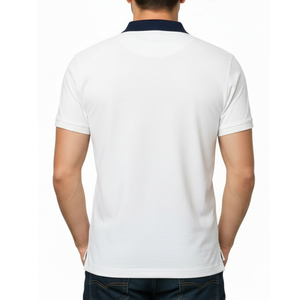 Polo classique pour homme, blanc, col contrastant marine, coupe ajustée, manches courtes, décontracté - Product Image 4