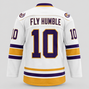 เสื้อฮอกกี้น้ำแข็งผู้ชาย Fly Humble สีขาว สำหรับทีมโกลด์ 10 พิมพ์ลายดิจิตอล โพลีเอสเตอร์ แห้งเร็ว สายปรับได้ แขนยาว ทรงปกติ - Product Image 6