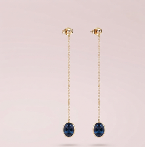 Blue Oval Drop Earrings 24K Gold Plated Bezel Setting Classic Chain Dangle for Women Party Gift - Product Image 1