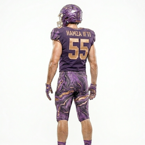 Uniforme de Fútbol Americano Morado Brillante con Detalles Dorados, Uniforme de Fútbol Americano de Primera Calidad con Servicios OEM a Precio de Mayoreo - Product Image 6