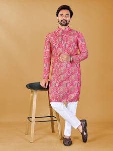 Elegant Ethnic Kurta Pajama Set for Men with Schifli Embroidery and Contemporary Printed Pattern - Product Image 2