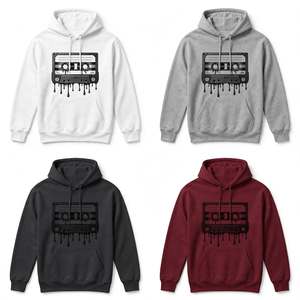 Sudadera con capucha negra gruesa especial de invierno con estampado gráfico retro de cinta de casete con efecto neón, estilo urbano, unisex. - Product Image 6