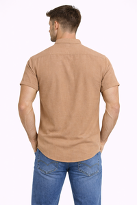 Chemise à manches courtes pour homme, col mandarin, marron camel – Mélange de lin, décontractée, boutonnée, pour l'été, avec poignets retroussés, légère - Product Image 3