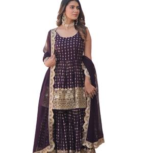 Último diseñador étnico indio Fab Zone Party Saree alta calidad Faux Georgette hilo bordado secuencia trabajo Sharara traje - Product Image 1
