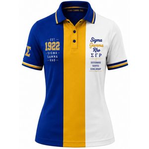 Women <b>3</b> Panels Polo Shirt Sigma Gamma Rho Royal Blue And Gold Custom Greek Letter Embroidered Sorority Polo Premium Fashion - Product Image 1