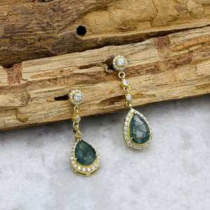 Boucles d'oreilles en agate mousse, forme poire, argent sterling 925, plaqué or 14 carats, bijoux en pierres précieuses pour femmes - Product Image 6