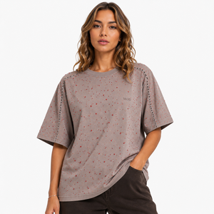 Relaxed Fit Rhinestone Oversized Tee Women's Shirts Casual Drop Shoulder Crew Neck Streetwear Top 100%Cotton T-Shirt OEM Factory - Product Image 1