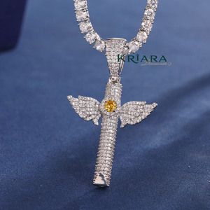 Moissanite <b>Angel</b> Wing Cross Pendant 925 Silver Rhodium Plated Hiphop Party Luxury Unisex Jewelry - Product Image 3