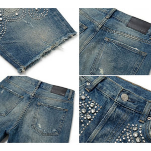 Streetwear Custom Baggy Vintage Wash Straight Leg Distressed Rhinestone <b>Jeans</b> Denim Shorts Jorts for <b>Men</b> - Product Image 3