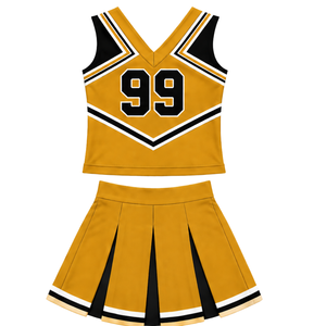 Ensemble d'uniformes de cheerleading jaune doré personnalisés par le fabricant, haut sans manches et jupe plissée, tenue de danse athlétique pour spectacles - Product Image 2
