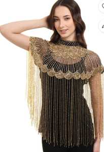 Chandni Export House Adult <b>Black</b> Gold Beaded Embroidery Cape with Fringe Pearls and <b>Sequins</b> Polyester Wedding <b>Jacket</b> Wrap - Product Image 3