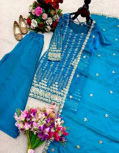 Teal Embroidered Silk Anarkali <b>Suit</b> With Dupatta Floor-Length Traditional Indian Pakistani <b>Women's</b> Wear <b>Wedding</b> <b>Dress</b> - Product Image 3