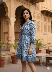 Blue Ikat Digital Print Midi V Neck Short Cotton Summer <b>Tunic</b> <b>Women</b> Ethnic Bohemian Indian Artisan Natural Waist - Product Image 6