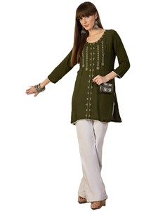 Kurti Tradicional Étnico Corto para Mujer, Viscosa Pura, Bordado Floral con Hilos, Corte Recto - Product Image 1